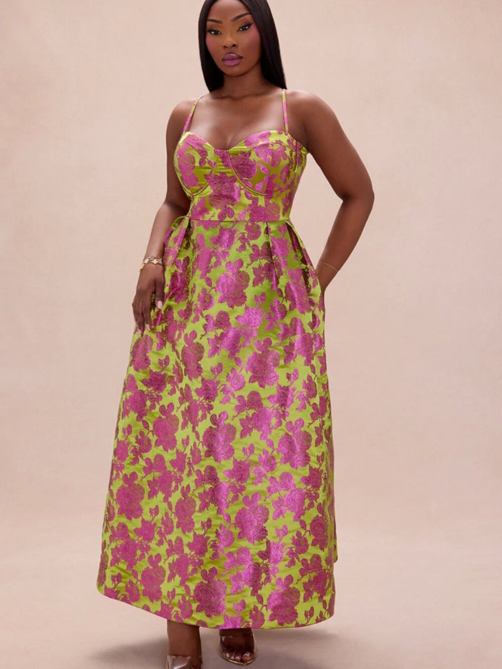 NWT Fashion Nova Lux Pink & Lime Floral Brocade Bustier Midi Dress